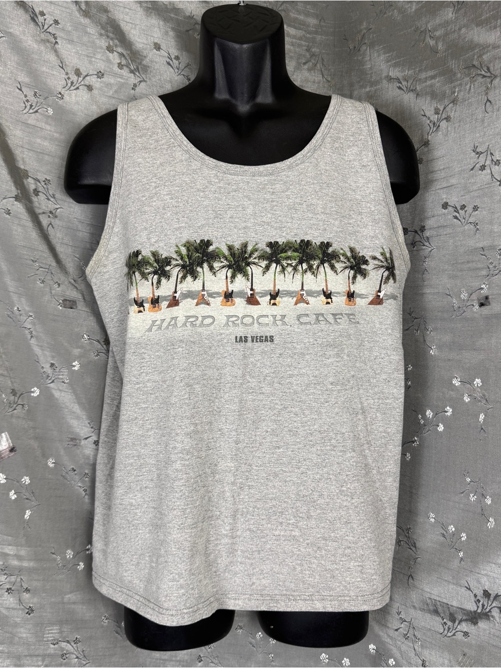 Vintage Hard Rock Cafe Las Vegas grey tank top with palm trees and guitars Sz M